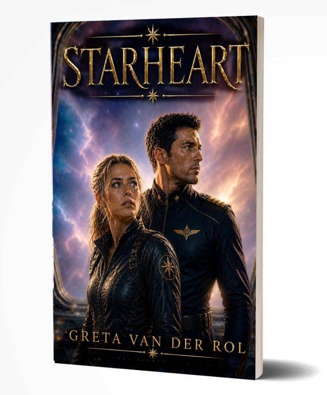 Sci-fi book cover of “Starheart” by Greta van der Rol, showing a man and a woman standing together in front of a nebula