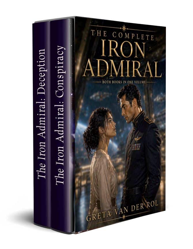 Book cover for The Complete Iron Admiral by Greta van der Rol. In a futuristic space station with stars and distant ships visible beyond large windows, a man in a dark military uniform and a woman in a light dress stand facing each other with a small space between them. They hold each other’s gaze in a moment of tension and attraction. Warm golden lights reflect across the floor and structure around them. The title appears in large gold letters above, with a subtitle indicating both books are included in one volume.