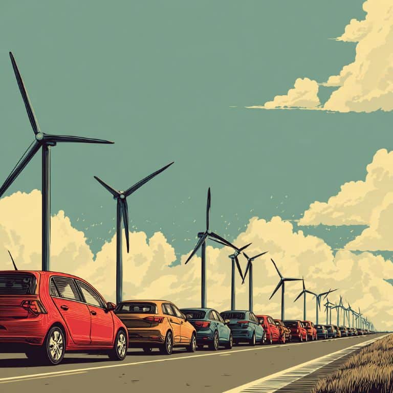 a line of stopped cars on a highway with a line of wind turbines