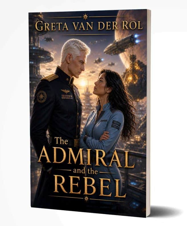 “The Admiral and the Rebel” by Greta van der Rol Sci-fi cover of “The Admiral and the Rebel” by Greta van der Rol, showing an officer and a woman facing each other with starships behind them
