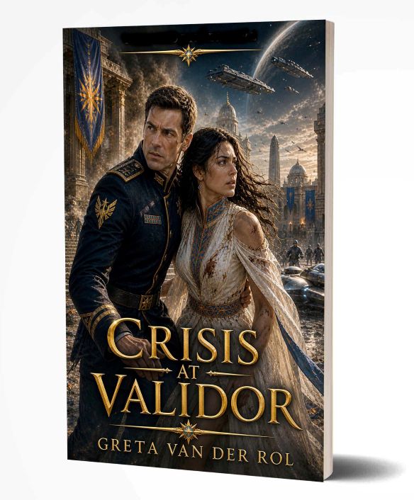 “Crisis at Validor” by Greta van der Rol, Sci-fi book cover of “Crisis at Validor” by Greta van der Rol, showing a man and a woman standing together in front of damaged buildings