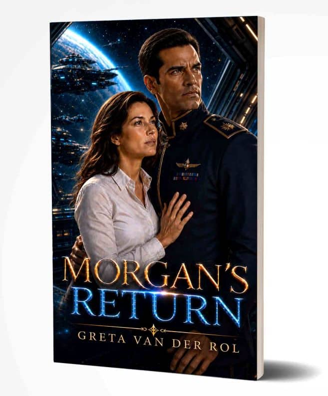 The cover of “Morgan’s Return” by Greta van der Rol, shows a man and a woman in a spaceship