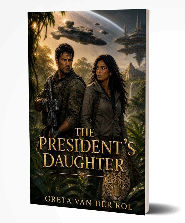 “The President’s Daughter” by Greta van der Rol Sci-fi adventure cover of “The President’s Daughter” by Greta van der Rol, showing two armed figures and a leopard in a jungle