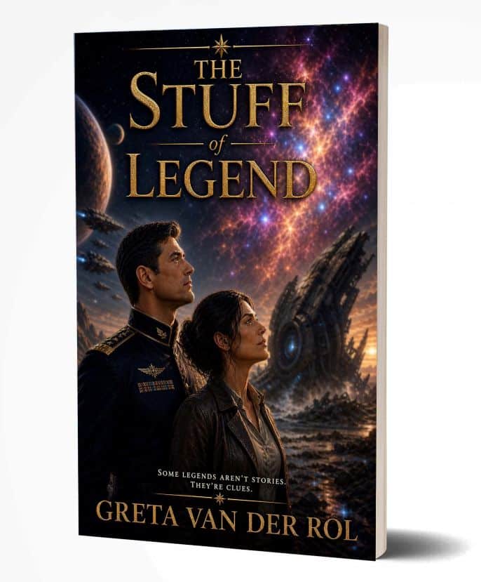 “The Stuff of Legend” by Greta van der Rol Sci-fi adventure cover of “The Stuff of Legend” by Greta van der Rol, showing a woman and a uniformed man against a starry nebula