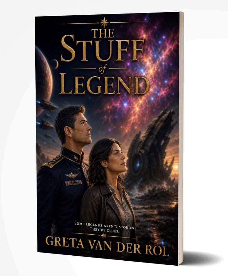 “The Stuff of Legend” by Greta van der Rol Sci-fi adventure cover of “The Stuff of Legend” by Greta van der Rol, showing a woman and a uniformed man against a starry nebula