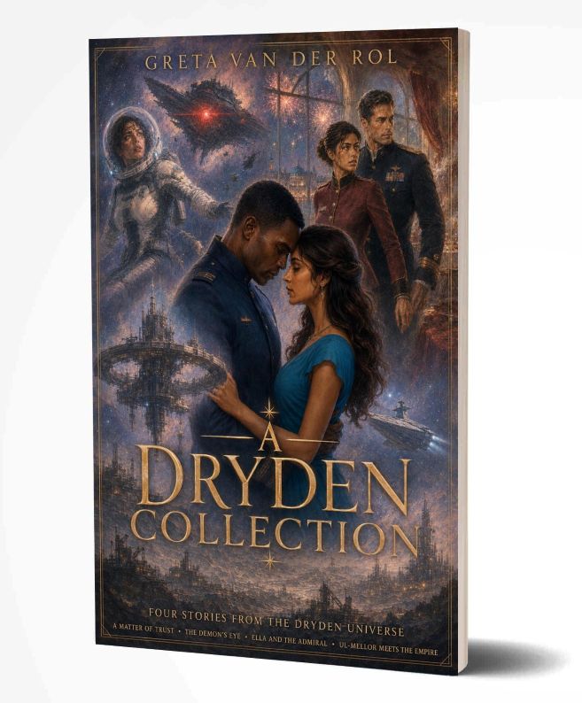 Cover of a Dryden Collection showing two people in a rmantic clinch surrounded by images from the stories in the collection