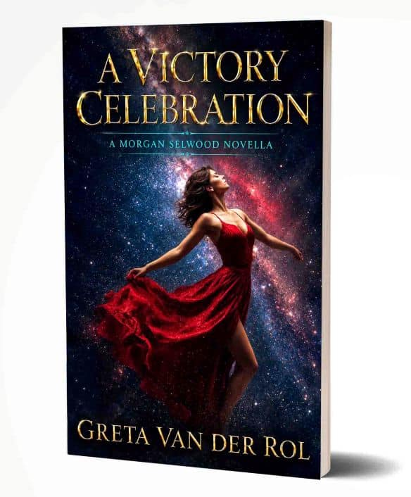 A woman in a red dress dances seductively in front of a nebula