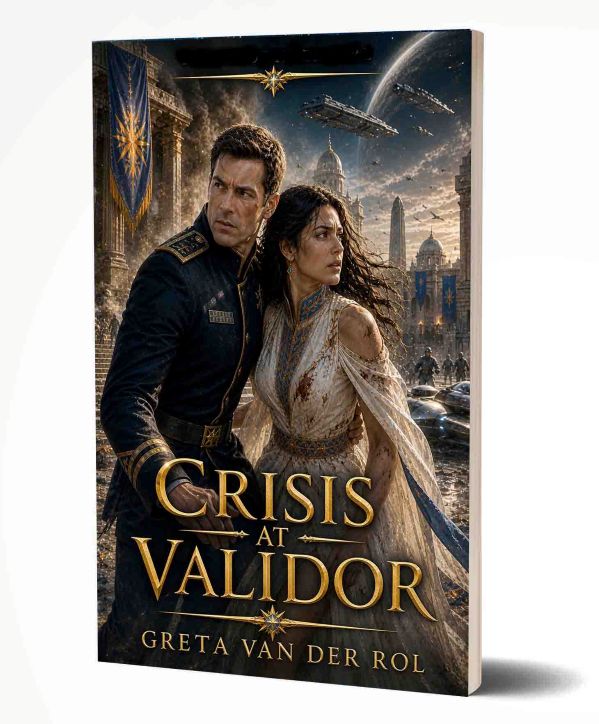 “Crisis at Validor” by Greta van der Rol, Sci-fi book cover of “Crisis at Validor” by Greta van der Rol, showing a man and a woman standing together in front of damaged buildings