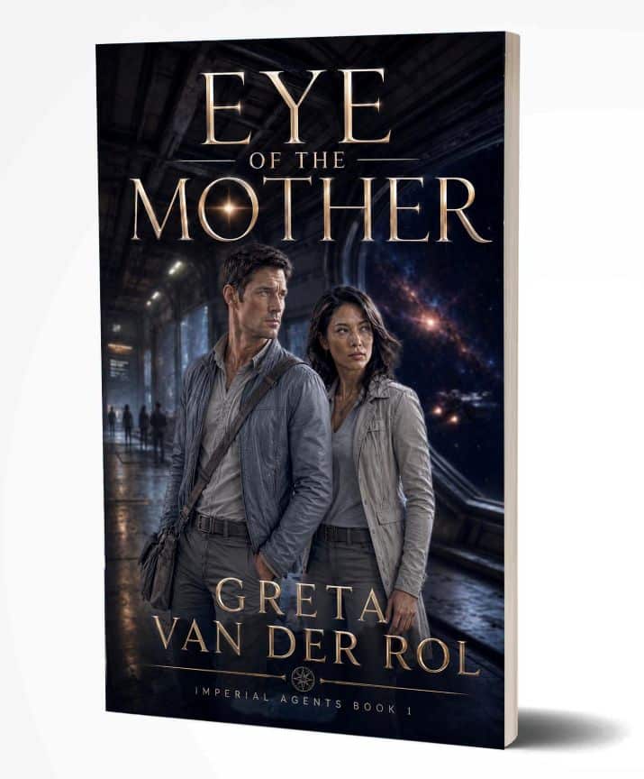 Sci-fi book cover of “Eye of the Mother” by Greta van der Rol, showing two agents on a space station