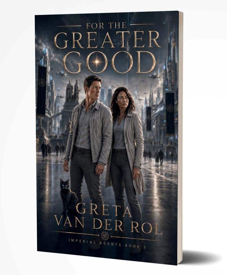 Sci-fi book cover of “For the Greater Good” by Greta van der Rol, showing two agents and a black cat in a city square