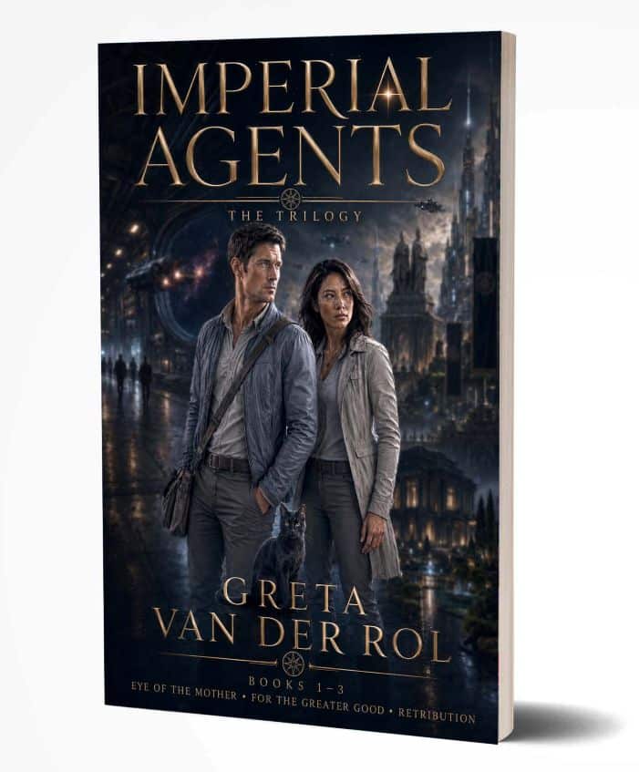 The cover of the Imperial Agent collection by Greta van der Rol showing two agents surrounded by images from the 3 stories included in the book