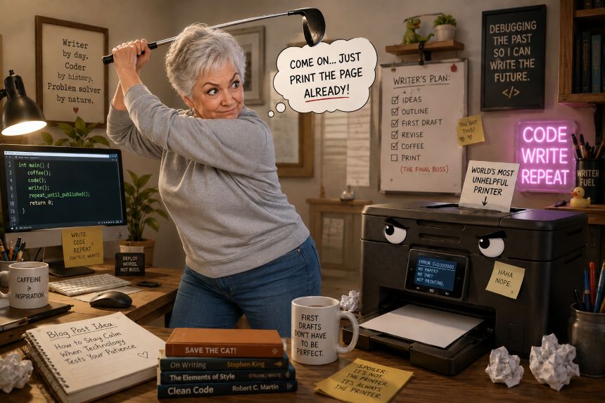An older woman with short grey hair, wearing jeans and a grey sweatshirt, stands in a cosy home office with a golf club raised, glaring at a stubborn printer with cartoon angry eyes. Around her are a computer, books, mugs, notes, and writer-themed signs, creating a humorous scene about frustration with technology.