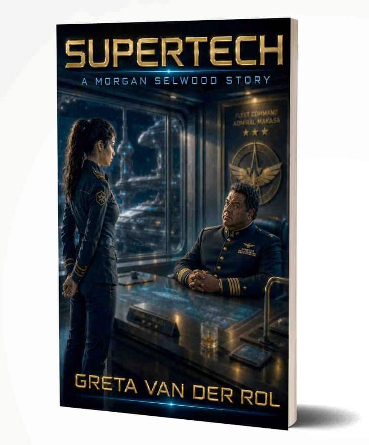 A young female officer faces a fat admiral, a desk between them. An SF setting. The cover of Supertech by Greta van der Rol