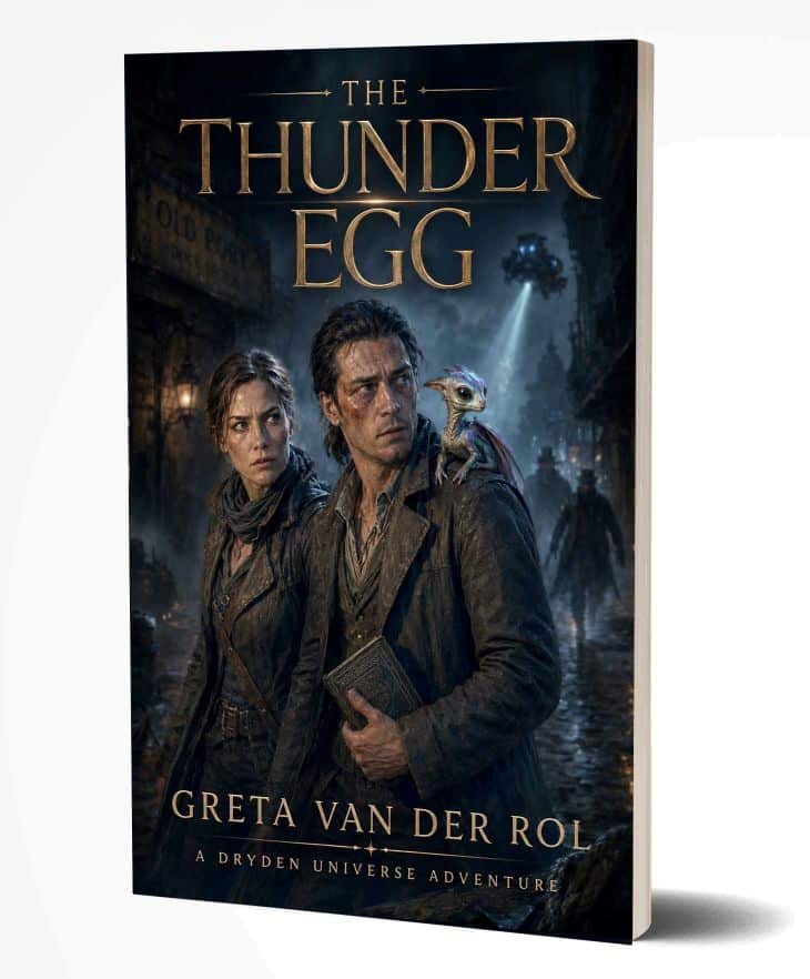The book cover of “The Thunder Egg” by Greta van der Rol, a Dryden Universe science fiction adventure. It depicts a small dragon emerging from a cracked egg under a starry cosmic sky, symbolizing wonder, discovery, and the mysteries of new worlds. Sci-fi fantasy book cover of “The Thunder Egg” by Greta van der Rol, featuring a baby dragon hatching from an egg