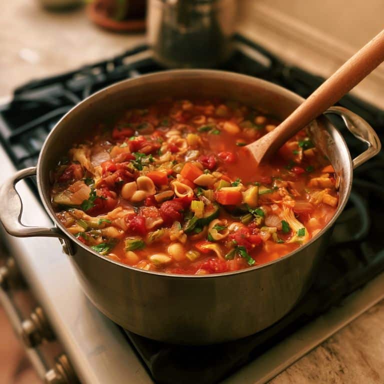 a large pot of minestrone soup on a stove