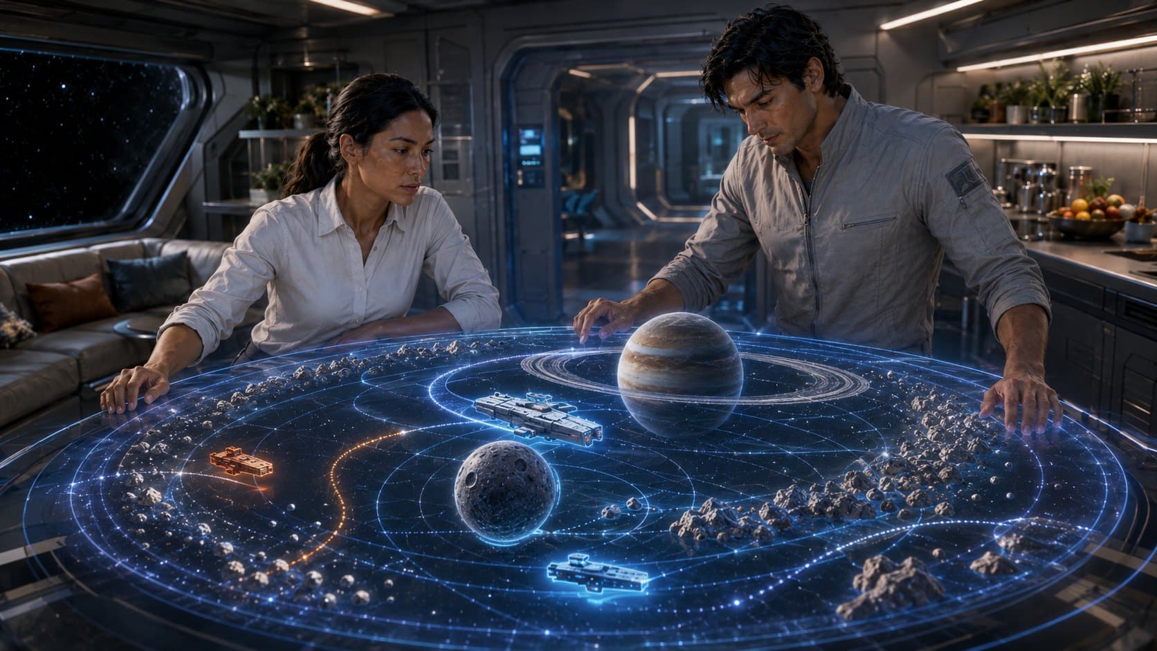 A holographic treasure hunt showing a blind moon, a ringed gas giant, asteroid shoals and competing ship markers.