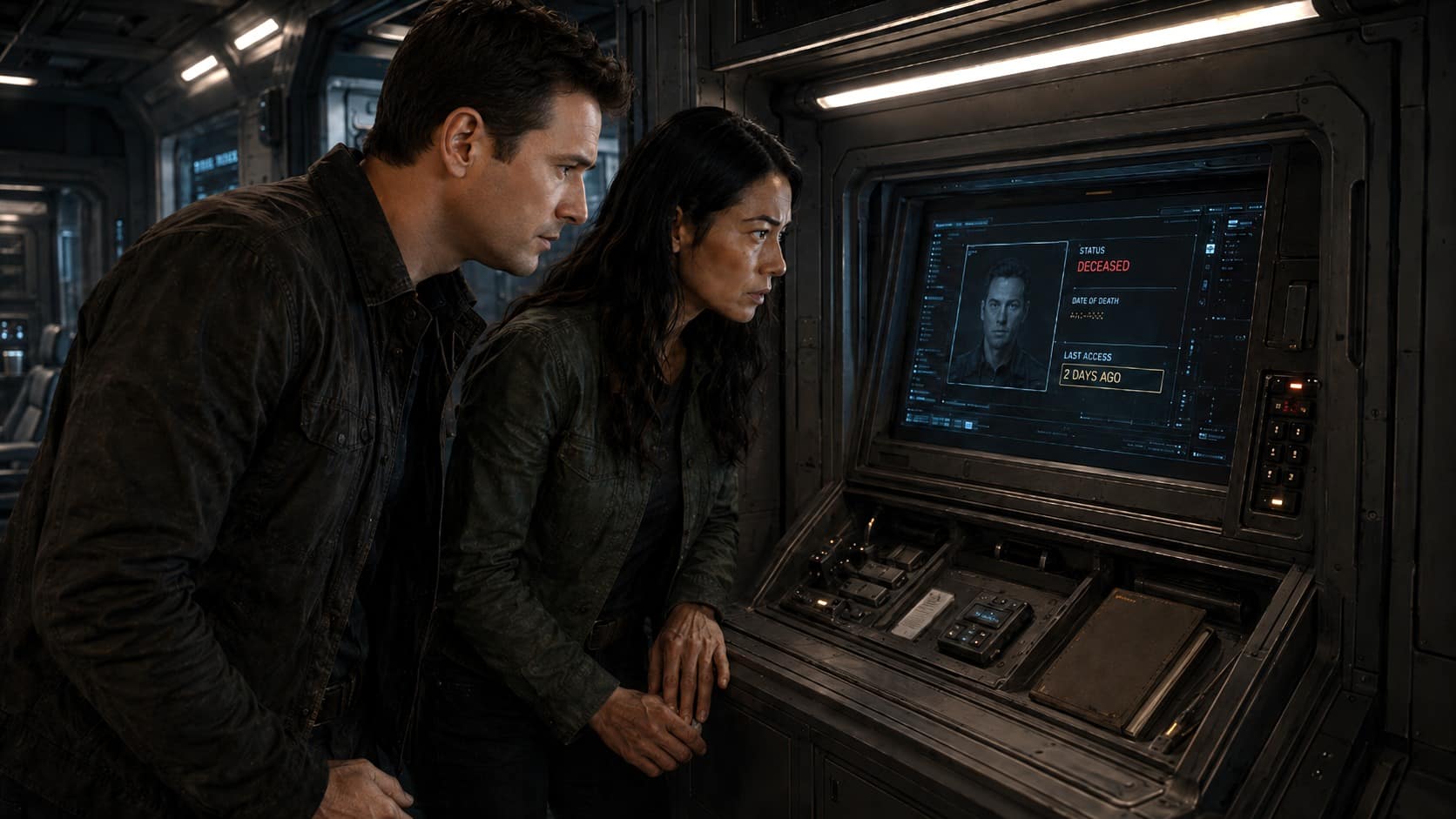 Brent and Tian examining evidence connected to a supposedly dead Imperial agent.