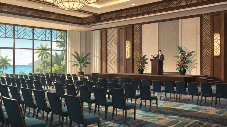Empty hall. A speaker on a podium addresses a hall of empty chairs