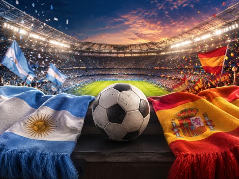Football in a stadium with scarves for Argentina and Spain