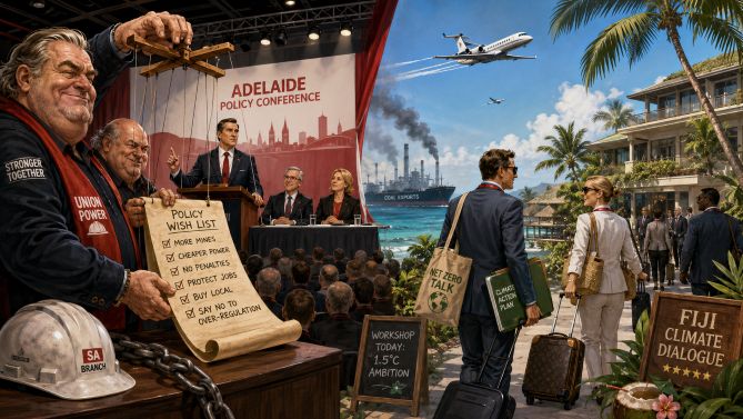 Cartoon showing union members as puppeteers at the ALP conference and delegates staying at luxury resorts to talk about climate change.