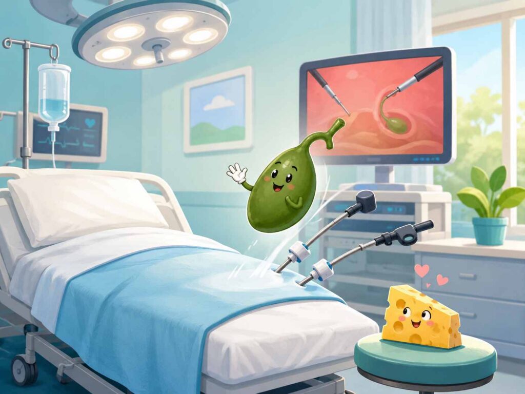 A Gall bladder waves goodbye from a hospital bed while a block of cheese smiles