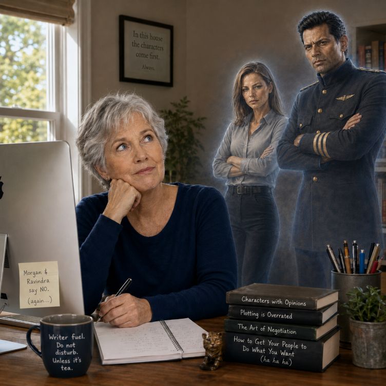 A grey-haired writer sits at her desk, watched by two faint, ghostly characters standing behind her with folded arms. One is a woman in a grey shirt and black pants, the other a tall admiral in a dark uniform, both looking unimpressed.