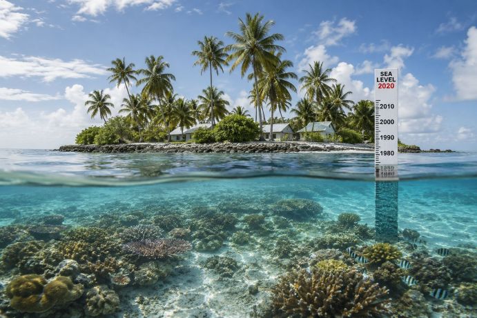 Rising sea levels a coral atoll with a sea level marker