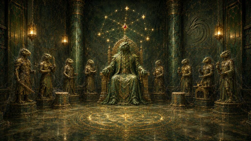Ancient Yrmak temple chamber with the Mother on a throne, a constellation on the wall, and statues arranged in a semicircle.