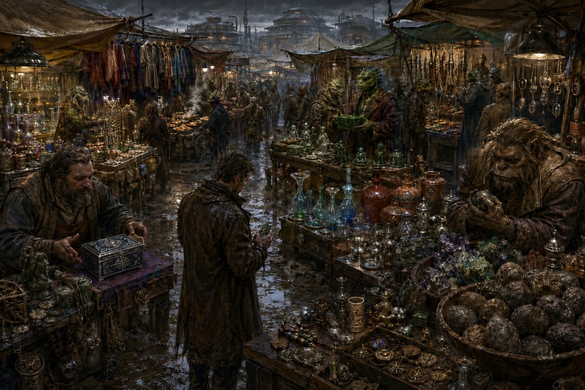 A crowded, rain-soaked alien market filled with traders, pottery, jewellery, minerals and curios.