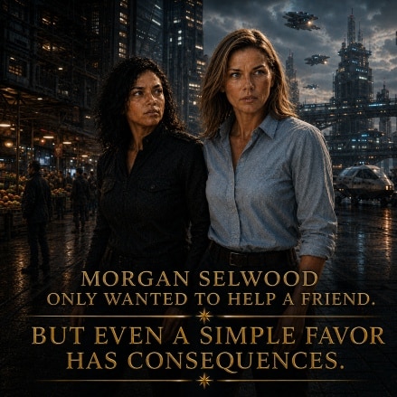 A simple favor CTA. Two women in a science fiction setting with the words "Morgan Selood only wanted to help a friend. But even a simple favor has consequences"
