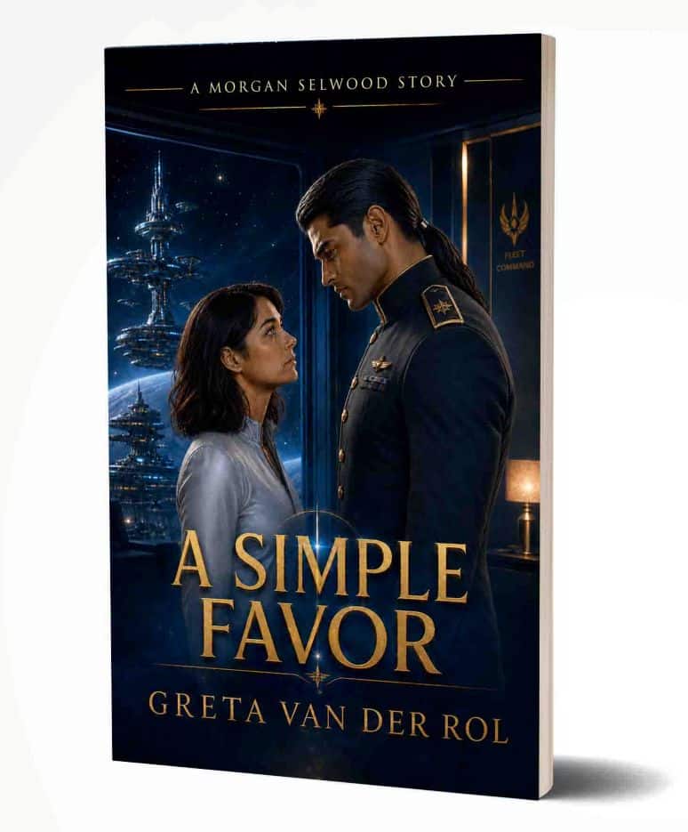 A Simple Favor by Greta van der Rol. A man in uniform  confronts a civilian woman  in a science fiction setting