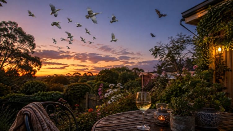 A mix of corellas going to roost and bats coming out to feed at sunset. A glass of wine sits on a table