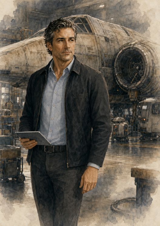 A handsome man with dark, wavy hair dressed in neat casual clothes stands in front of a battered space ship in a scifi setting.