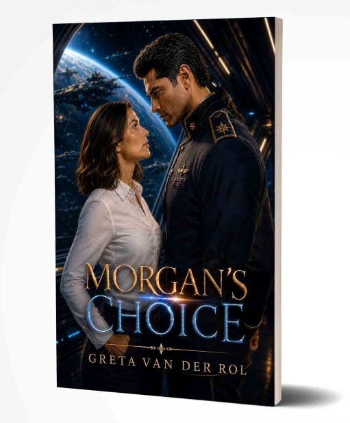 Sci-fi book cover of “Morgan’s Choice” by Greta van der Rol, featuring a uniformed officer and a woman aboard a spaceship