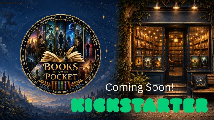 An old fashioned bookshop lined with books and 'coming soon! Kickstarter'