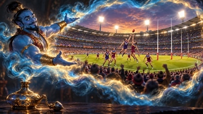 A genie presents a cloud with a view of the AFL grand final with players on the field and spectators gathered around