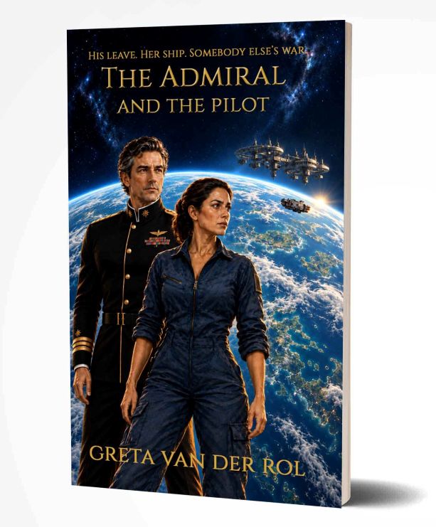 Book cover for The Admiral and the Pilot by Greta van der Rol, showing a man in Fleet uniform and a woman in a flight suit against a planet and space station.