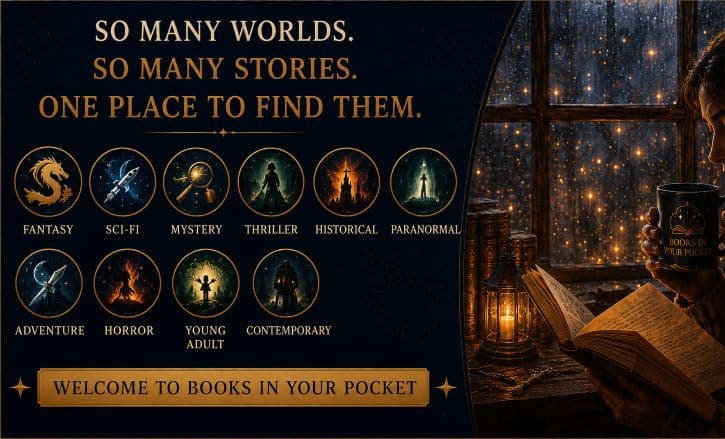 Books in Your Pocket promotional graphic in navy and gold. Text reads, “So many worlds. So many stories. One place to find them.” Icons represent fantasy, sci-fi, mystery, thriller, historical, paranormal, adventure, horror, young adult, and contemporary fiction. Beside them, a person reads by lantern light, holding a mug beside a star-filled window. A banner reads, “Welcome to Books in Your Pocket.”