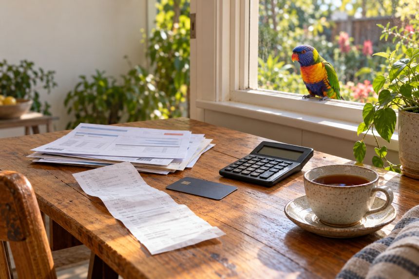 a kitchen table facing it window. It contains a cup of tea, bills, a credit card and a calculator. A lorikeet sits on the windowl edge, looking in.