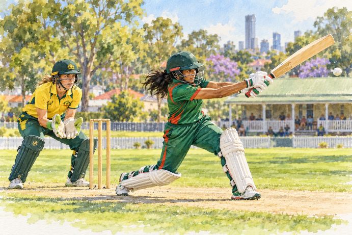 Watercolour illustration of a Bangladeshi woman playing a cricket shot, with an Australian wicketkeeper behind the stumps on a sunlit ground.