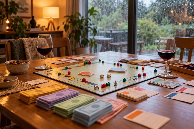 A property-trading board game and neatly stacked play money cover a dining table beside two glasses of red wine. Rain streams down the windows behind the warmly lit room.